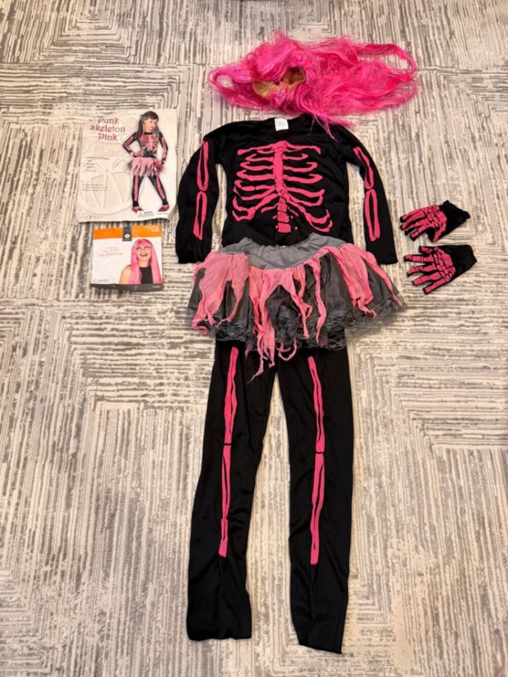 Punk Skeleton girls youth large12/14 pink/black 6pc set Costume Halloween